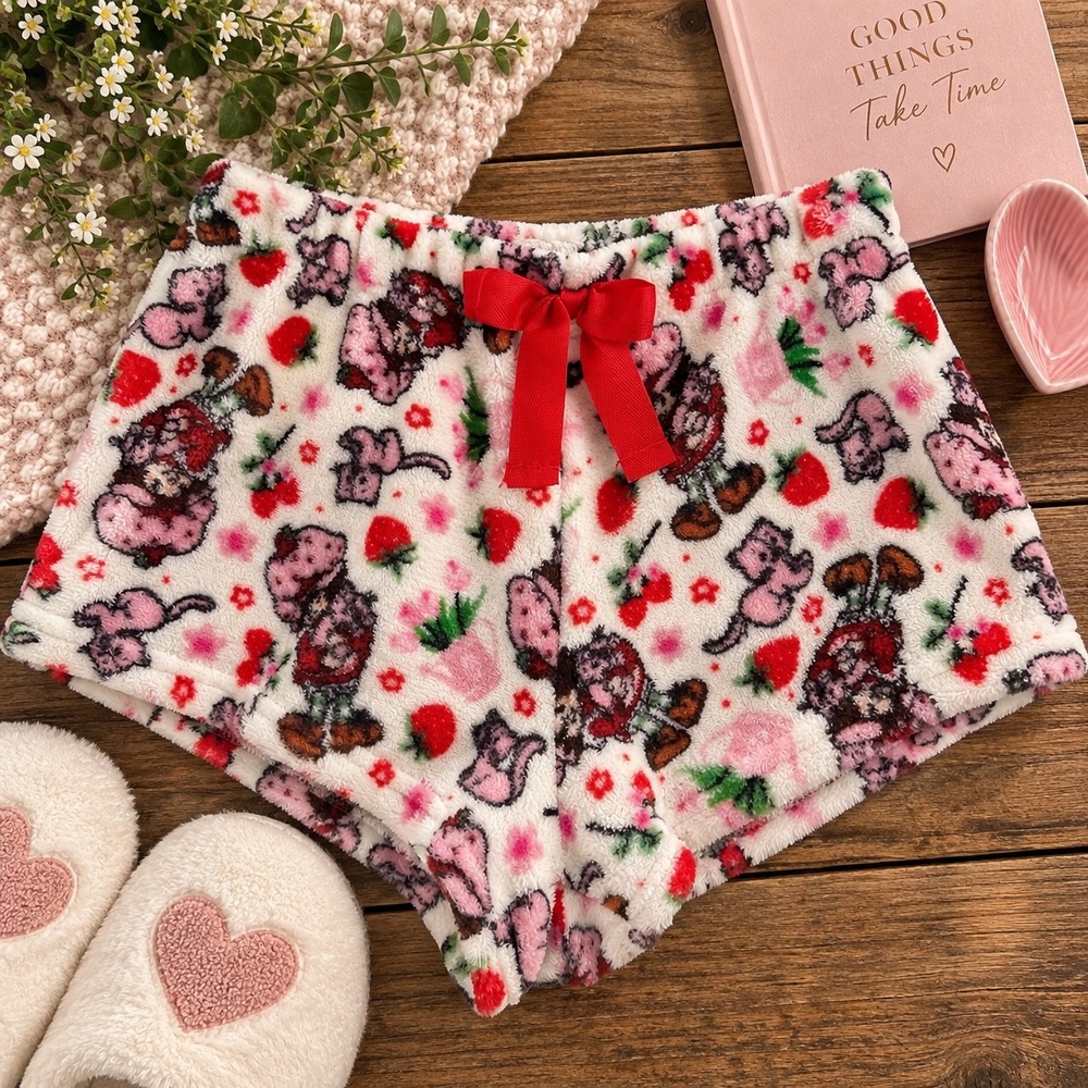 Strawberry Shortcake Pajama Shorts Womens XL Plush Fleece Bow Y2K Coquette